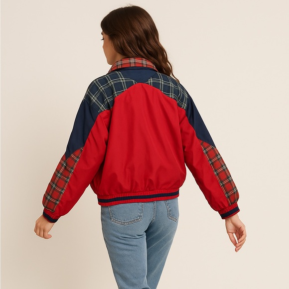 Vintage 80s Red Plaid Colorblock Windbreaker Jacket by Mureli Made in Hong Kong - Picture 2 of 14